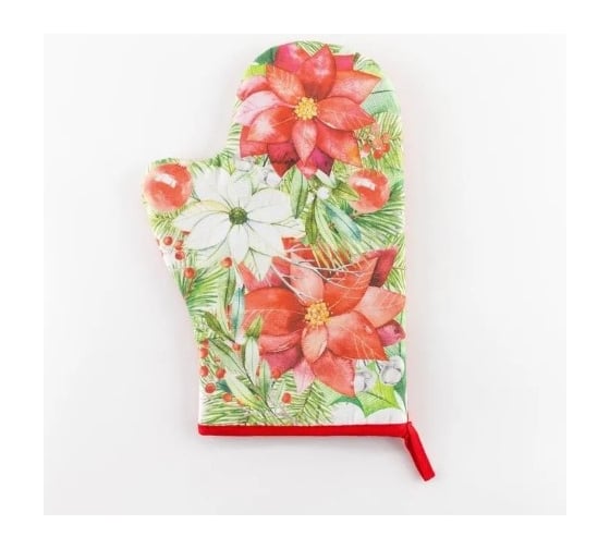 Варежка-прихватка Этель Christmas red flowers 20x28 см, саржа, 100% хлопок ватин 250 г/м2 5077880
