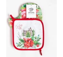 Кухонный набор Этель Christmas red flowers варежка-прихватка 20x28 см, прихватка 19x19 см, 100% хлопок 6535957