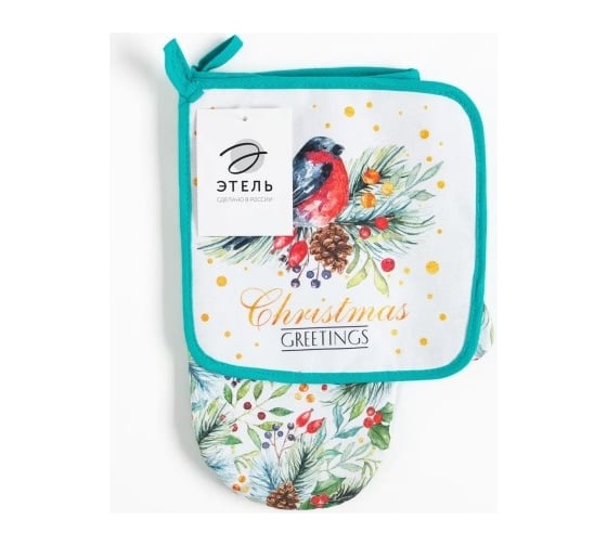 Кухонный набор Этель Сhristmas greetings варежка-прихватка 20x27 см, прихватка 19x19 см, 100% хлопок 6861931 1