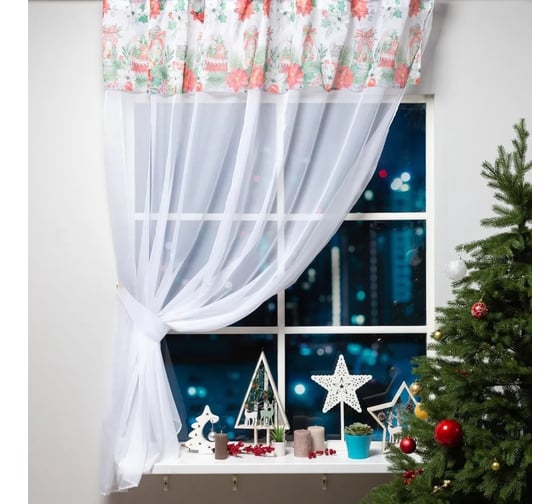 Тюль Этель Christmas red flowers с подхватом и ламбрекеном, 250x200 см, 100% полиэстер, вуаль 5163059