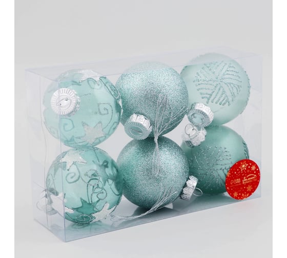 Набор шаров Зимнее волшебство пластик диаметр 8 см, 6 шт Ночка геометрия узор, зелёный 9510516 1