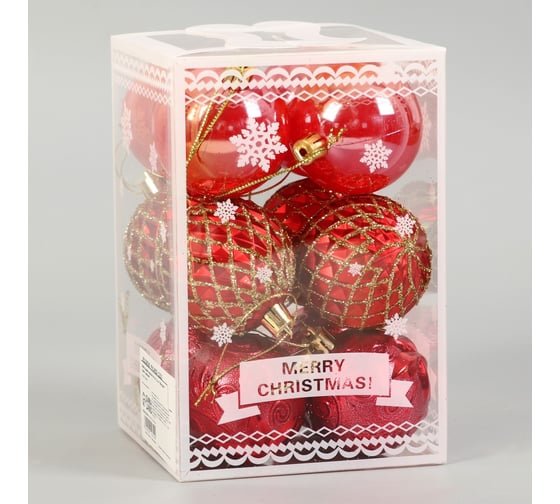 Набор шаров Зимнее волшебство пластик диаметр 6 см, 12 шт Мелодия грани, красный 9510629 1
