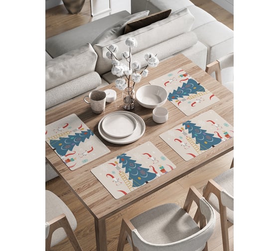 Набор прямоугольных тканевых салфеток на стол для сервировки JOYARTY "Гномы украшают елку" плейсмат, 30x46 см, 4шт. ser002_119570_30x46 1