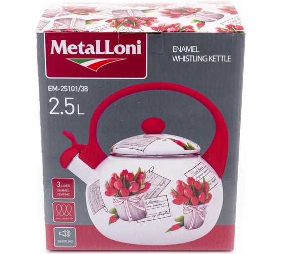 Эмалированный чайник со свистком MetaLLoni EM-25101/38 2.5 л, Тюльпаны Р1-00004190