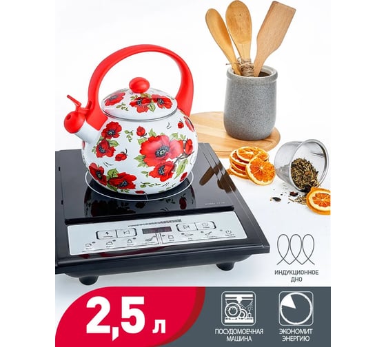 Эмалированный чайник со свистком MetaLLoni EM-25101/11 2.5 л, Алые маки 0R-00006670