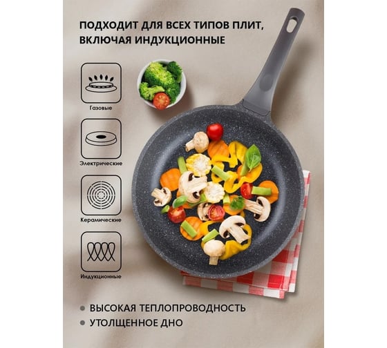 Сковорода PERFECTO LINEA 24x5.5 см, для индукционных плит, Grey + Крышка стеклянная 24 см 55-240111-1