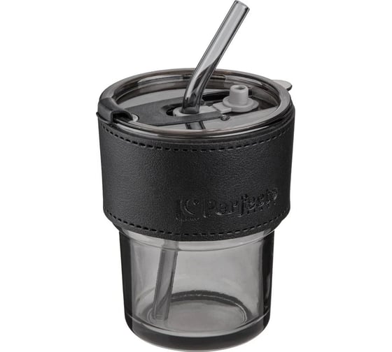 Стакан для напитков PERFECTO LINEA стеклянный с трубочкой и кожаным кейсом, 400 мл, Smoke Grey 31-400101