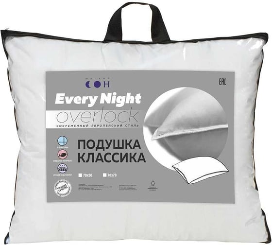Подушка Мягкий сон оверлок, 70x70, "every night" белый ПОов-6116у