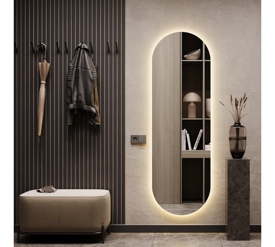 Безрамное овальное зеркало GENGLASS NOLVIS NF LED L, контурная теплая подсветка с проводом GGL-01-L-3000-1