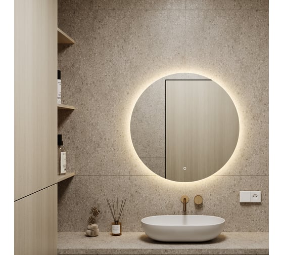 Безрамное круголое зеркало GENGLASS RAUNTEL NF LED M, контурная теплая подсветка с сенсором GGL-03-M-3000-2
