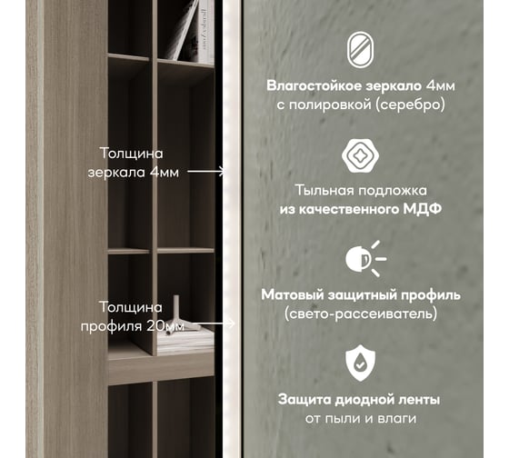 Безрамное зеркало GENGLASS в полный рост, KUVINO NF LED M, контурная нейтральная подсветка с сенсором GGL-02-M-4000-2