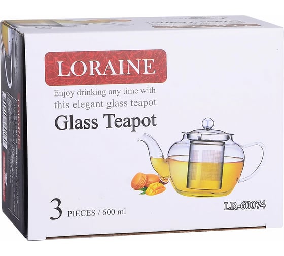 Заварочный чайник LORAINE 3 предмета, 600 мл, стеклянный 60074