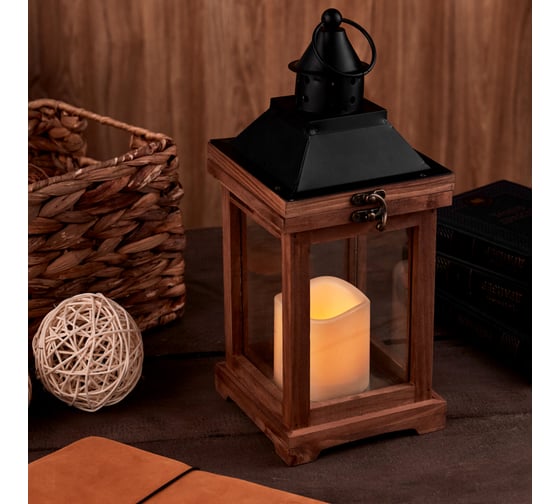 Декоративный фонарь Neon-Night со свечкой, корпус из дерева, размер 14x14x35 cм, цвет теплый белый 513-075