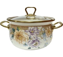 Эмалированная кастрюля OMS collection Пионы диаметр 26 8,0 л, цвет белый, цвет ручек золото 1012-PN-26-Gd