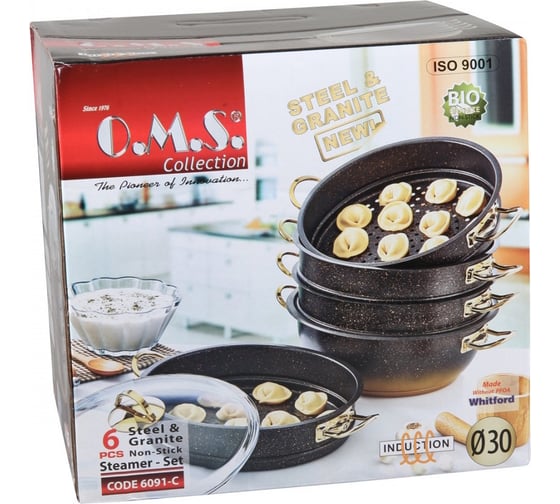 Мантоварка OMS collection со стеклянной крышкой 30x10 см 6,4 л с антипригарным покрытием, цвет черный/золотой 6091C.30.NS-Gd