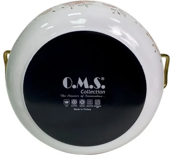 Эмалированная кастрюля OMS collection Тропики диаметр 16 2,1 л, цвет белый, цвет ручек золото 1004-TR-16-Gd
