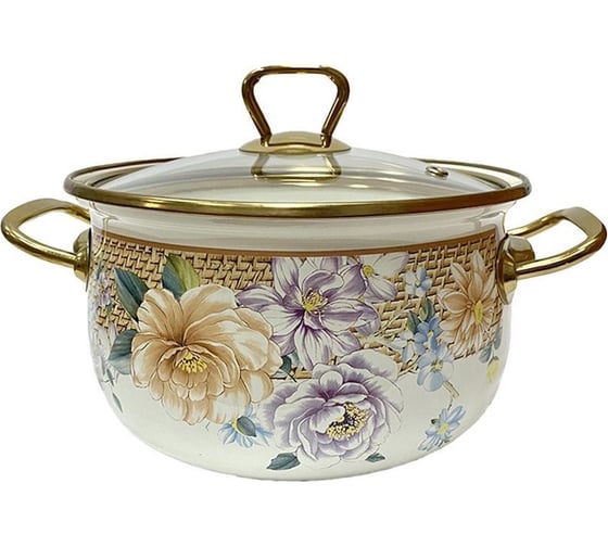Эмалированная кастрюля OMS collection Пионы диаметр 18 2,8 л, цвет белый, цвет ручек золото 1012-PN-18-Gd