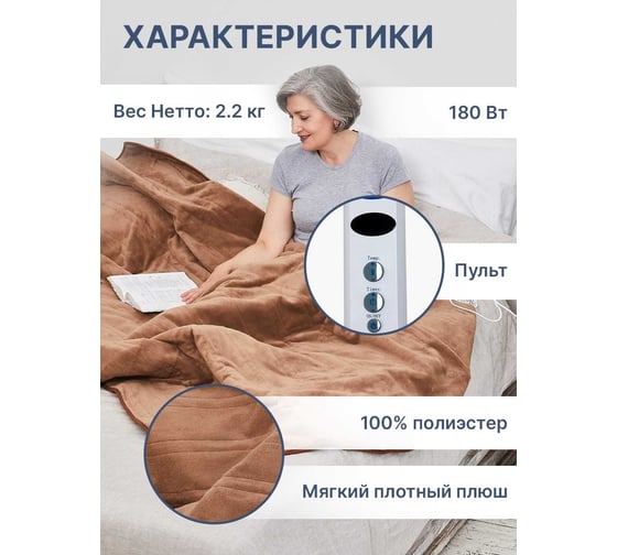Электроодеяло Belberg плюш, 150x200 см, 10 режимов, таймер 1-9 ч BL-06