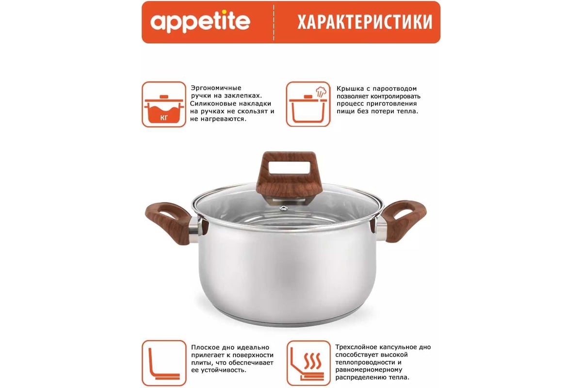 Кастрюля appetite donna нержавеющая сталь, 1.2 л HU15123 - выгодная цена,  отзывы, характеристики, фото - купить в Москве и РФ