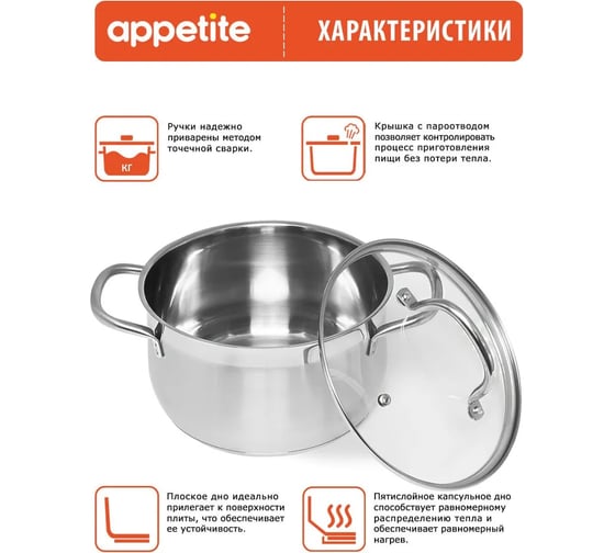 Кастрюля appetite victoria нержавеющая сталь, 2.6 л SH13263