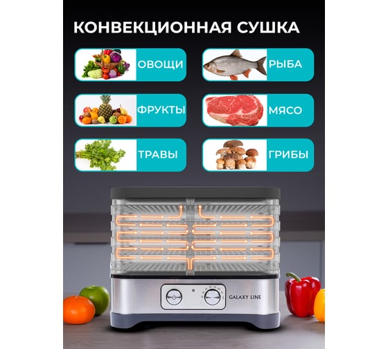 Электросушилка для овощей и фруктов Galaxy LINE GL 2639 500 Вт, регулятор температуры 35-70 C, конвекция, защита от перегрева 7020926390