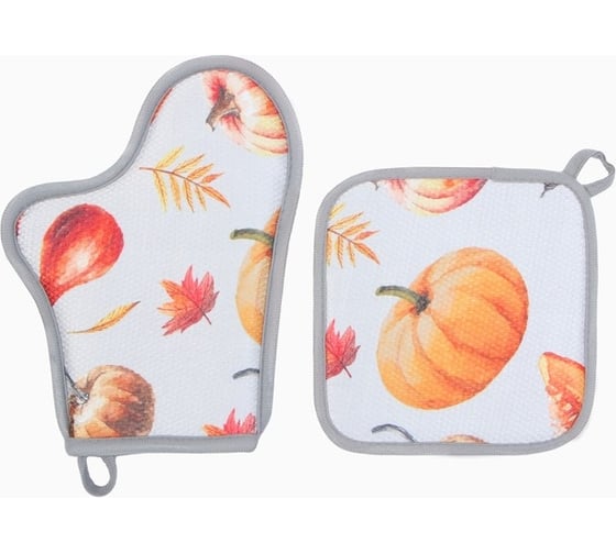 Кухонный набор Этель Тыквы 2 предмета, прихватка 20х20 см, варежка-прихватка 27х20 см, 100% полиэстер 9788443 1
