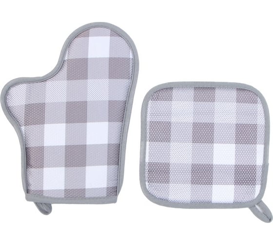 Кухонный набор Этель Клетка 2 предмета, прихватка 20x20 см, варежка-прихватка 27x20 см, 100% полиэстер 9788434 1