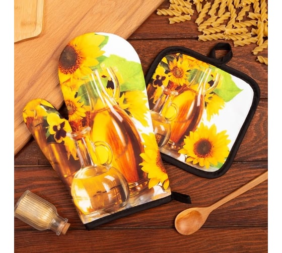 Кухонный набор Этель Подсолнухи 2 предмета, прихватка 17х17 см, варежка 24х16 см, 100% полиэстер 9094042 1