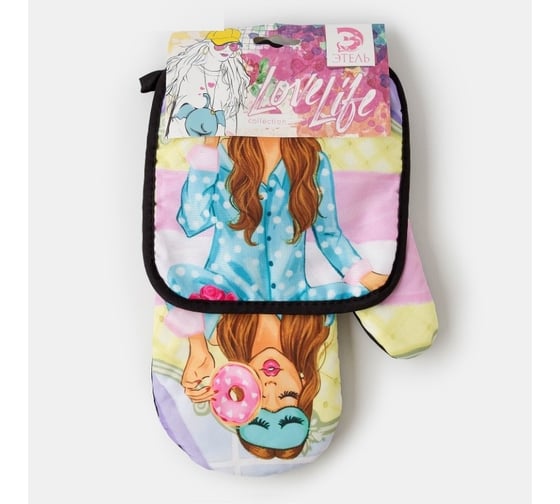 Кухонный набор Этель 2 предмета Love Life Милая, прихватка 17х17 см, рукавичка 26х16 см, 100% полиэстер 4437260 1