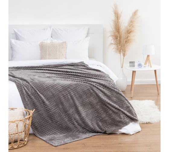 Плед Этель Клетка 200x220 см, серый, корал-флис, 240 гр/м2, 100% полиэстер 7091196 1