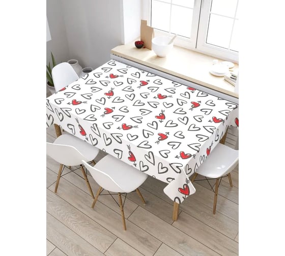 Скатерть прямоугольная тканевая JOYARTY на стол с рисунком Черно-белые сердечки 145х180 см tc_422629_180x145 1