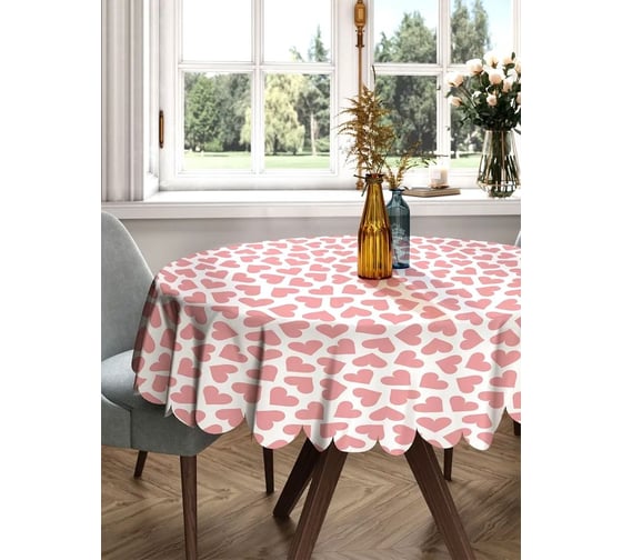 Скатерть круглая тканевая JOYARTY на стол с рисунком Pink heart 150х150 см rtcf01_422650_150x150 1