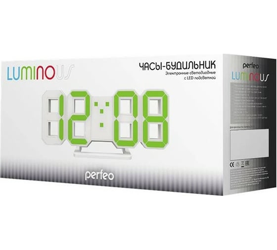 Часы-будильник Perfeo LED LUMINOUS белый корпус, зелёная подсветка 30010071
