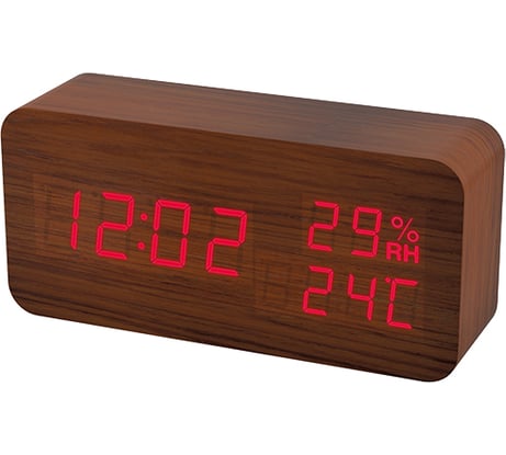 Часы-будильник Perfeo LED Wood коричневый, красное время, температура, влажность 30011152