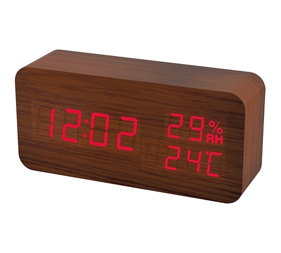 Часы-будильник Perfeo LED Wood коричневый, красное время, температура, влажность 30011152