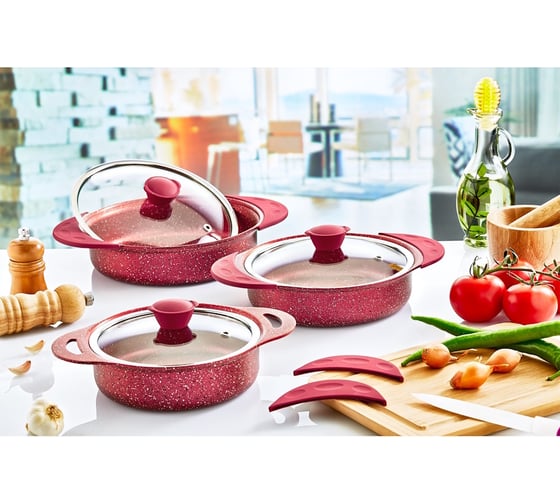 Набор омлетниц OMS collection 6 (3/3) предметов, с крышками стеклянными, с АПП, красный, арт. 3015-Rd