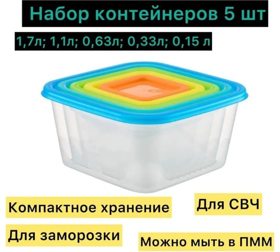 Набор квадратных емкостей для продуктов FunCook Fusion 5шт 1,7 л, 1,1 л, 0,63 л, 0,33 л, 0,15 л 00000048319