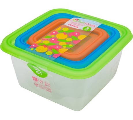 Набор квадратных емкостей для продуктов FunCook Fusion 3 шт 0,63 л, 0,33 л, 0,15 л 00000048146