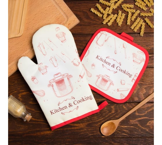 Кухонный набор Доляна 2 предмета, Kitchen and cooking, прихватка 17х17 см, рукавица 26х16 см, 100% п/э 5985611