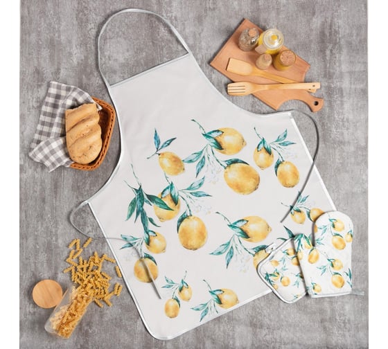 Кухонный набор Доляна 3 предмета, Lemon, прихватка 17х17 см, рукавица 26х16 см, фартук 70х80 см, 100% п/э 5985597 1