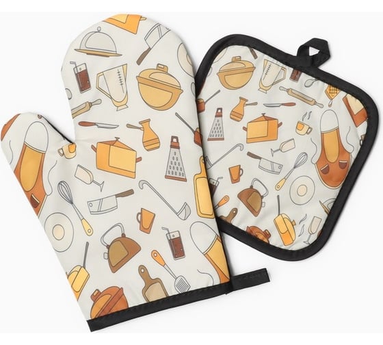 Кухонный набор Доляна Кухня 2 предмета, прихватка 17х17 см, варежка 26х16 см, 100% п/э 9687353 1