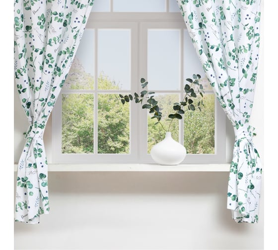 Шторы для кухни Доляна Eucalyptus 150х180 см - 2 шт, подхваты - 2 шт, 164г/м2, 100% хлопок 4682760