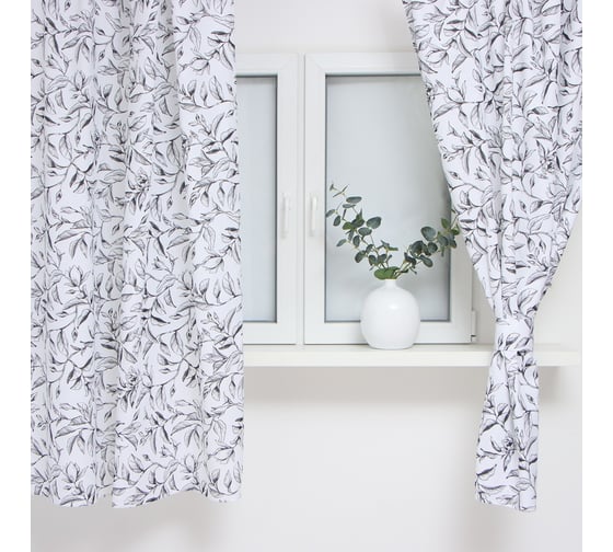Шторы для кухни Доляна Plant leaves 146x180 см - 2 шт, подхваты - 2 шт, 100% хлопок, 164 г/м2 9322533