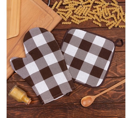 Кухонный набор Доляна "Клетка": варежка 20x27 см, прихватка 19x19 см, 100% хлопок 9149329 1