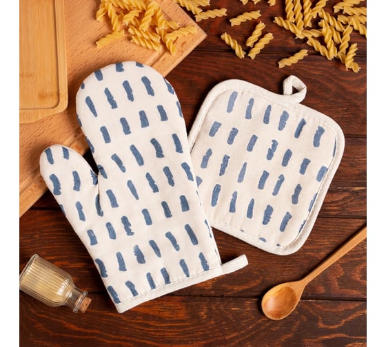 Кухонный набор Доляна 2 предмета, "Тенденция", цвет синий, прихватка 17х17 см, варежка 26х16 см, 100% п/э 7620662 1