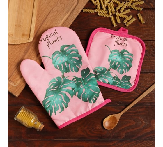 Кухонный набор Доляна 2 предмета, "Tropical", цвет розовый, прихватка 17х17 см, варежка 25х16 см, 100% п/э 9241961 1