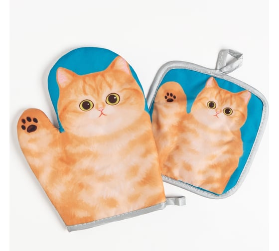 Кухонный набор Доляна 2 предмета Котики Мурка прихватка 17x17 см, варежка 24x18 см 100% полиэстер 7528295 1