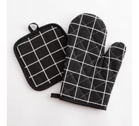 Кухонный набор Доляна 2 предмета Клетка цвет черный прихватка 17x17 см, рукавица 26x16 см 100% полиэстер 5395336