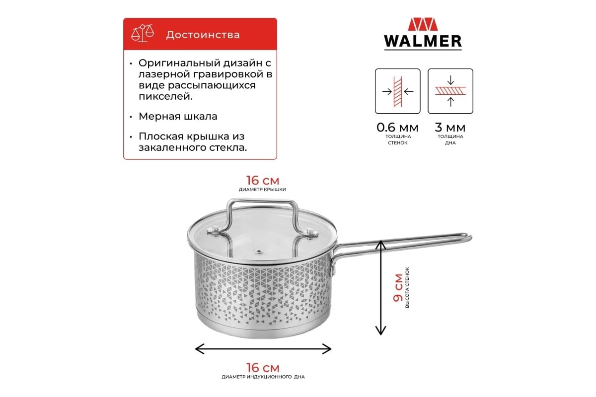 Ковш Walmer Pixel 16x9 см 1.8 л с крышкой W11231616 - выгодная цена,  отзывы, характеристики, фото - купить в Москве и РФ