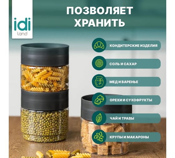 Комплект емкостей для сыпучих продуктов Idiland Asti 0.5 л х 6 шт., черный 241105330/02